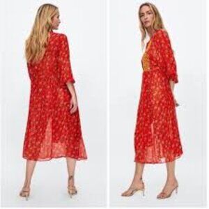 Zara Woman Red Floral Embroidered Dress